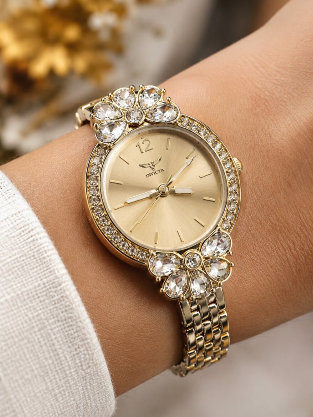 Invicta Wildflower 69103 Women’s 30mm Gold-Tone Crystal Floral Watch NIB